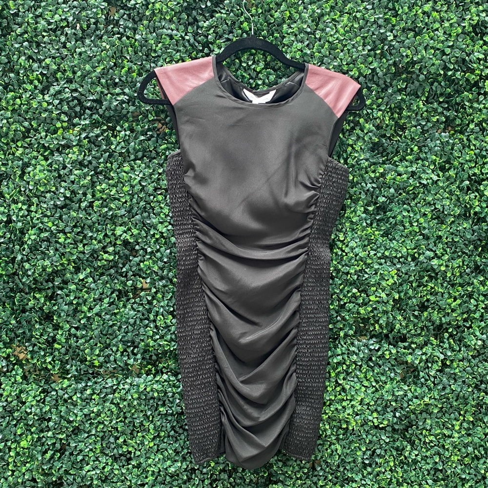 BCBG ruched-sided dress with magenta leather shoulder detail